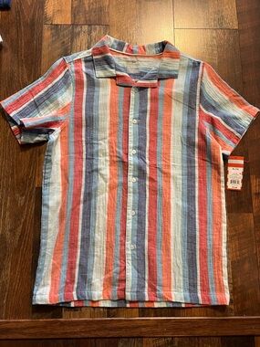 Kid’s cat and jack Short-Sleeve Button-Down Stripe Shirt - Coral & Blue